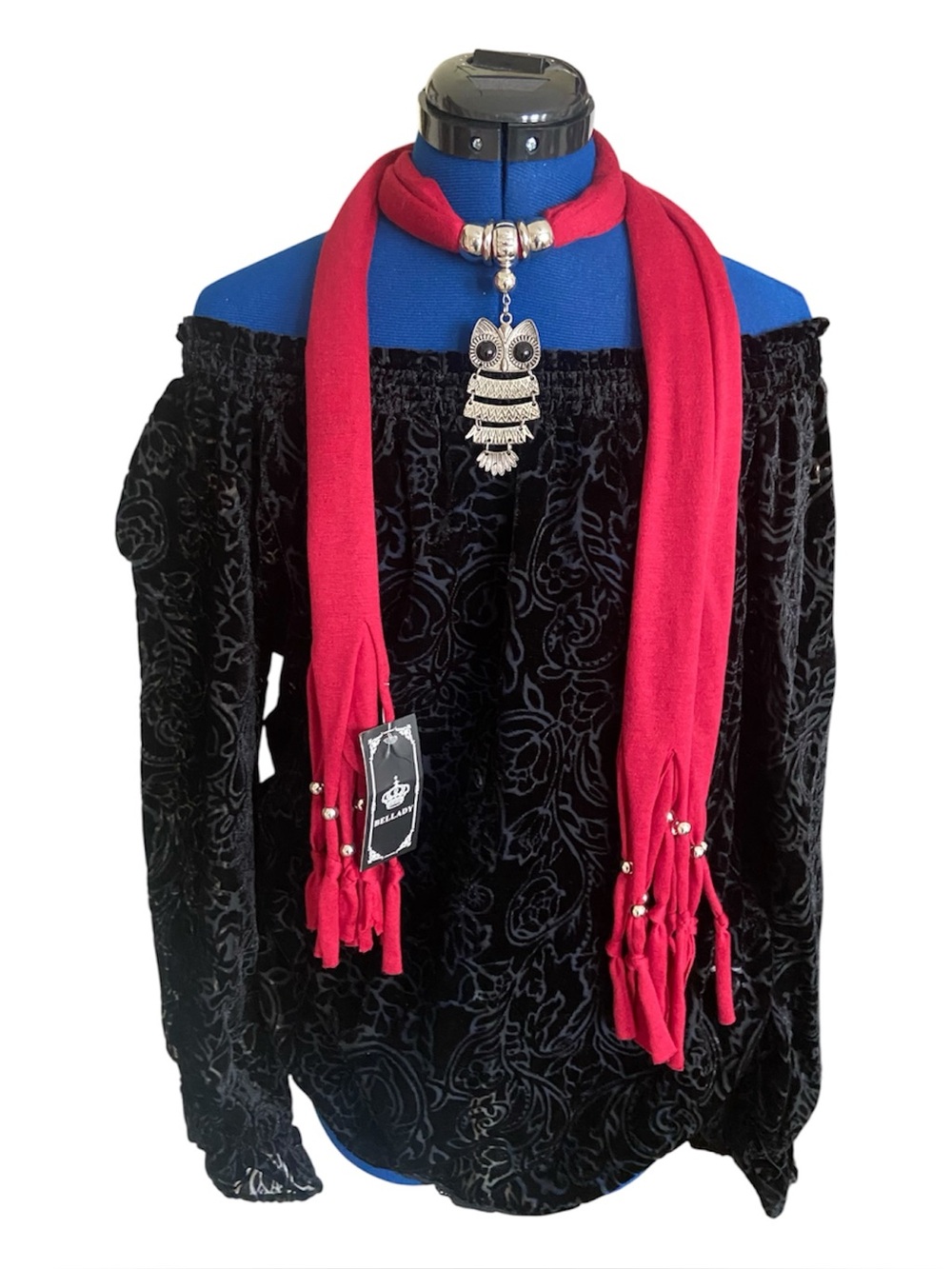 NWT Bellady Soft Red Skinny Fringe Beaded Scarf with Retro Owl Pendant